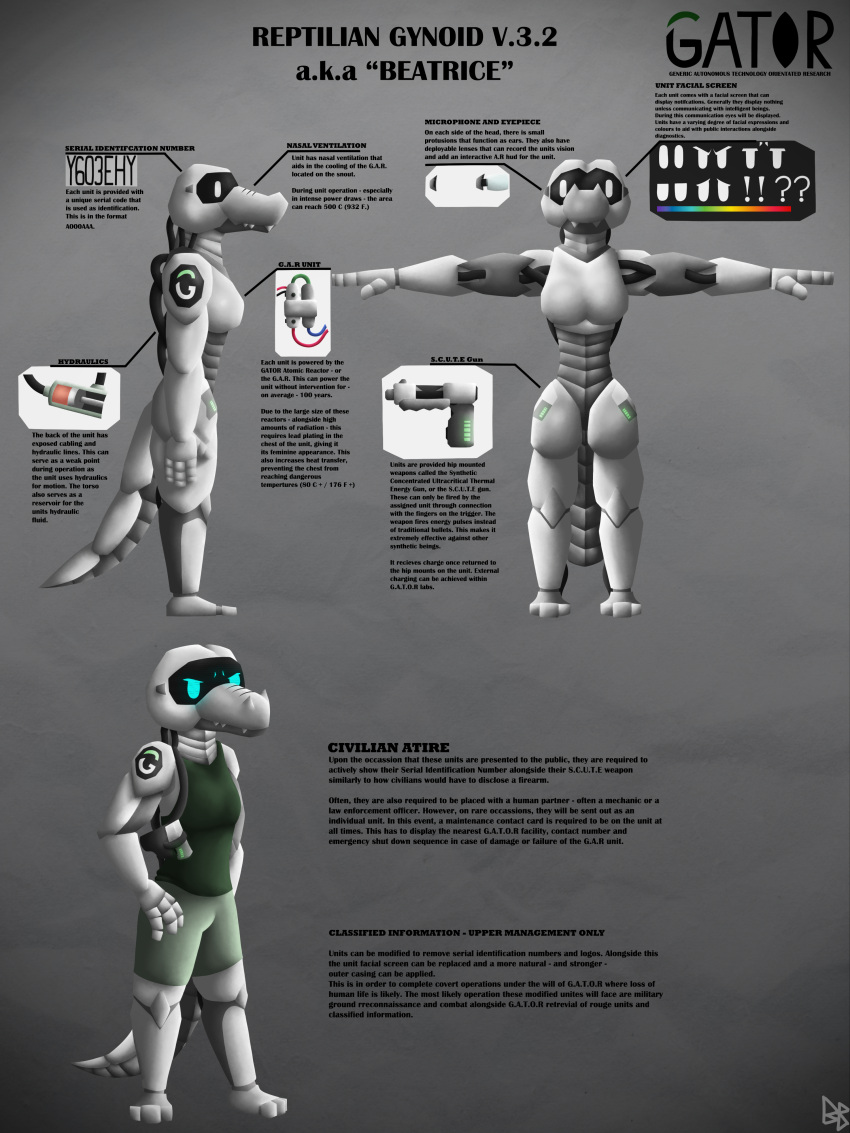 absurd_res alligator alligatorid angry anthro beabea. blue_eyes bottomwear built_in_weapon clothing crocodilian description female glowing glowing_eyes green_bottomwear green_clothing green_shorts green_top hand_on_hip hi_res hydraulics logo machine neutral_expression nuclear_reactor reptile robot scalie screen serial_number shorts snout solo t-pose text weapon weapon_holster white_eyes wiring