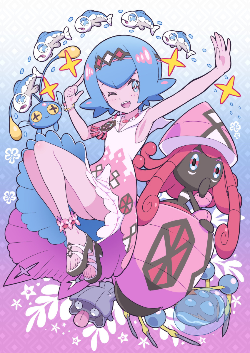 1girl ;d absurdres anklet araquanid armpits bare_legs blue_hair bright_pupils chinchou commentary_request dress gradient_background hairband highres index_finger_raised jewelry lana_(pokemon) lana_(sygna_suit)_(pokemon) looking_at_viewer necklace official_alternate_costume one_eye_closed open_mouth outstretched_arm pokemoa pokemon pokemon_(creature) pokemon_(game) pokemon_masters_ex sandals shellder short_hair sleeveless sleeveless_dress smile tapu_lele teeth toes tongue upper_teeth_only white_dress white_pupils wishiwashi wishiwashi_(solo)