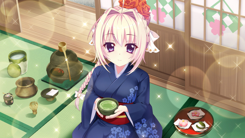 1girl ahoge blonde_hair blue_kimono bow braid breasts cup dot_nose film_grain floral_print flower food from_above furisode game_cg green_tea hair_bow hair_flower hair_intakes hair_ornament holding holding_cup indoors izumi_tsubasu japanese_clothes kimono large_breasts lens_flare long_braid long_hair looking_at_viewer mole mole_under_eye non-web_source object_request official_art purple_eyes re:stage! red_flower red_rose red_sash rose sash seiza shiratori_amaha_(re:stage!) shouji single_braid sitting sliding_doors smile solo sparkle tatami tea wagashi water white_bow wooden_floor