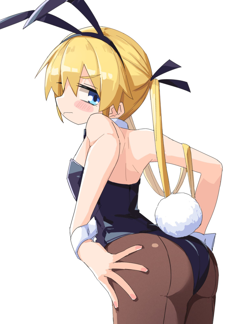 1girl animal_ears ass black_leotard blonde_hair blue_eyes blush brown_pantyhose closed_mouth detached_collar fake_animal_ears fake_tail flat_chest from_behind hair_between_eyes highres kill_me_baby leotard long_hair looking_back pantyhose playboy_bunny rabbit_ears rabbit_tail simple_background solo sonya_(kill_me_baby) strapless strapless_leotard tail twintails very_long_hair white_background wrist_cuffs yachima_tana