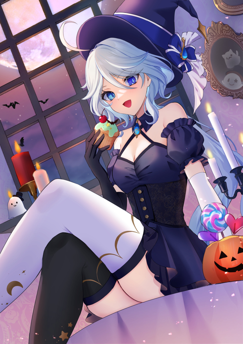 1girl :d absurdres asymmetrical_gloves asymmetrical_legwear black_gloves black_thighhighs blue_dress blue_eyes blue_headwear blue_sleeves breasts cleavage detached_sleeves dress dutch_angle elbow_gloves furina_(genshin_impact) genshin_impact gloves hair_between_eyes halloween halloween_bucket halloween_costume hat heterochromia highres long_hair low_ponytail mismatched_gloves mismatched_legwear mismatched_pupils open_mouth shiroichigo short_dress short_sleeves sitting small_breasts smile solo thighhighs underbust very_long_hair white_gloves white_hair white_thighhighs witch_hat