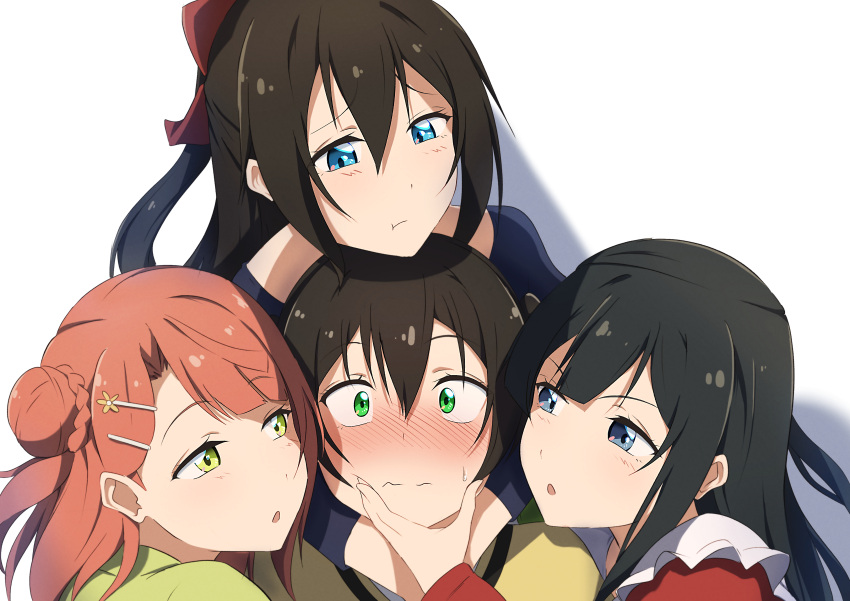 4girls absurdres arms_around_neck azuna_(love_live!) black_hair blue_eyes blue_shirt blunt_bangs blush braid braided_bun brown_hair cheek_poking clinging closed_mouth commentary_request envy frilled_shirt frills green_eyes grey_eyes hair_between_eyes hair_bun hair_ornament hair_ribbon hairclip half-closed_eyes hand_on_another's_cheek hand_on_another's_face highres looking_at_another looking_at_viewer love_live! love_live!_nijigasaki_high_school_idol_club medium_hair multiple_girls nervous orange_hair ousaka_shizuku parted_lips poking ponytail pout red_shirt ribbon shirt single_side_bun surrounded sweatdrop takasaki_yuu twintails two-tone_shirt uehara_ayumu wavy_hair white_background yellow_eyes yellow_shirt yuri yuuki_setsuna_(love_live!) zasshoku_ojisan