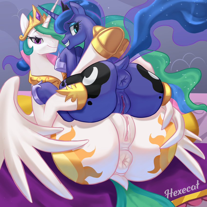 absurd_res alcohol anatomically_correct anatomically_correct_genitalia animal_genitalia anus ass_to_ass beverage butt dock duo equid equine equine_anus female female/female feral friendship_is_magic genitals hasbro hexecat hi_res horse incest_(lore) mammal my_little_pony pony princess_celestia_(mlp) princess_luna_(mlp) puffy_anus pussy sex smile tribadism vaginal