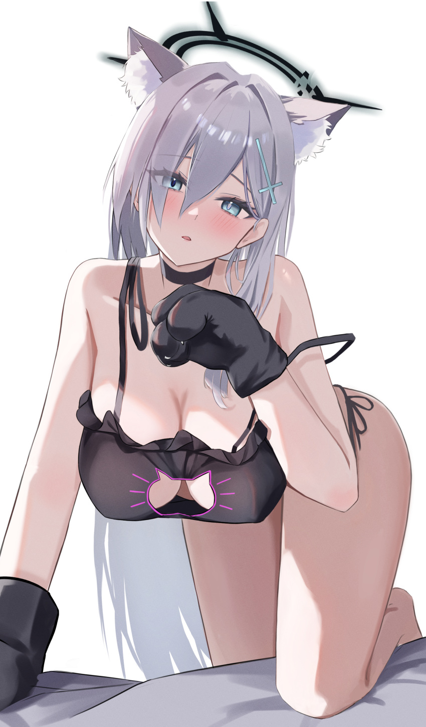 1girl absurdres animal_ear_fluff animal_ears animal_hands barefoot black_bra black_choker black_gloves blue_archive blue_eyes blush bra breasts cat_cutout cat_lingerie cat_paws choker cleavage clothing_cutout cross_hair_ornament dark_halo gloves grey_hair hair_between_eyes hair_ornament halo highres large_breasts long_hair looking_at_viewer meme_attire mismatched_pupils neranainerune parted_lips paw_gloves shiroko_(blue_archive) shiroko_terror_(blue_archive) simple_background solo underwear white_background wolf_ears