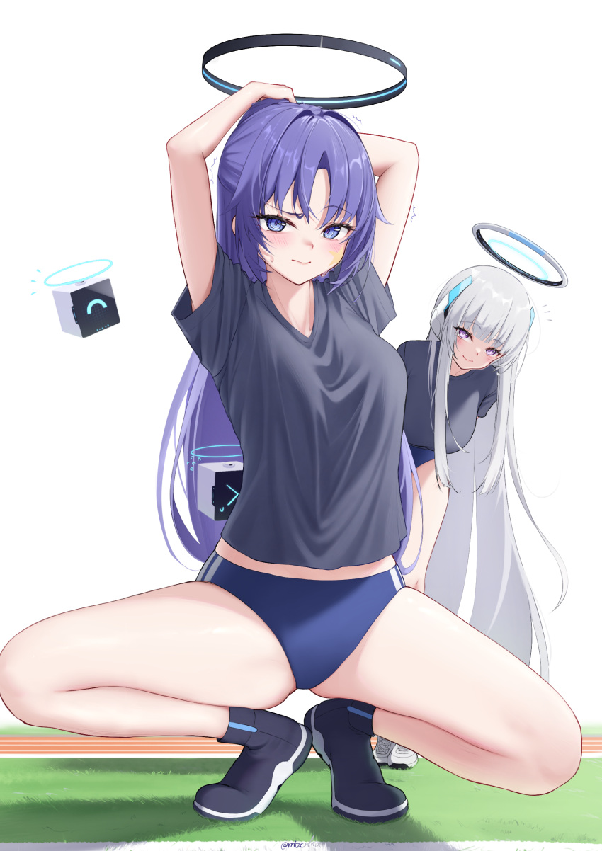 2girls ^_^ absurdres arms_behind_head bent_over black_shirt blue_archive blue_buruma blunt_bangs buruma closed_eyes drone forehead grass gym_shirt gym_uniform half_updo headgear highres long_hair looking_at_another looking_at_viewer midriff_peek mizoshi-x multiple_girls noa_(blue_archive) official_alternate_costume official_alternate_hairstyle outdoors parted_bangs running_track shirt shoes short_sleeves sidelocks smile sneakers spread_legs squatting star_tattoo tattoo white_background white_hair yuuka_(blue_archive) yuuka_(track)_(blue_archive)