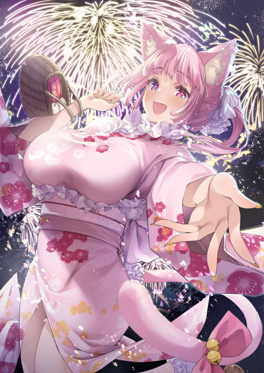 1girl aerial_fireworks animal_ears artist_request basket bell blunt_bangs bow breasts cat_ears cat_girl cat_tail center_frills check_artist fingernails fireworks floral_print flower_in_eye frills hair_ribbon heterochromia highres huge_breasts indie_virtual_youtuber japanese_clothes kimono legs looking_at_viewer nail_polish night night_sky open_hand open_mouth pink_bow pink_eyes pink_hair pink_kimono pink_sash pink_tail ponytail print_kimono purple_eyes raised_eyebrows ribbon sash second-party_source sky smile solo standing symbol_in_eye tail tail_bell tail_bow tail_ornament tenshouin_himeno thomasz tree virtual_youtuber white_ribbon wide_sleeves yellow_nails