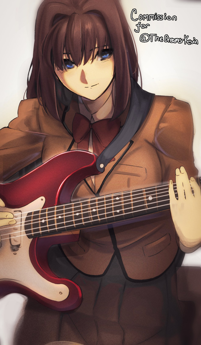 1girl aozaki_aoko blazer blue_eyes bow bowtie breast_pocket breasts brown_hair code_nt commission cowboy english_commentary english_text guitar hair_intakes highres holding instrument jacket large_breasts light_smile long_hair long_sleeves looking_at_viewer mahou_tsukai_no_yoru music playing_instrument pocket red_bow red_bowtie school_uniform shirt simple_background skirt smile solo white_background