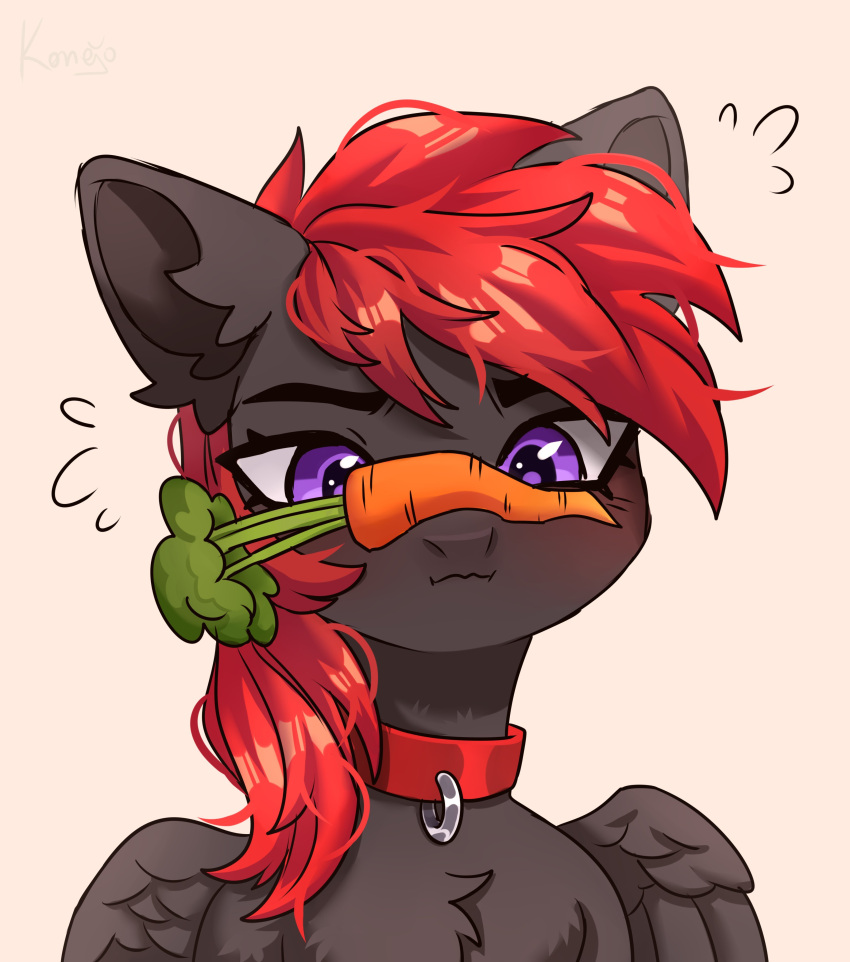 absurd_res ambiguous_gender carrot chest_tuft collar digital_media_(artwork) ear_tuft equid equine eyebrows fan_character feathered_wings feathers food fur grey_body grey_feathers grey_fur hair hasbro hi_res inner_ear_fluff konejo looking_down mammal mane my_little_pony pegasus plant purple_eyes red_hair red_mane solo tuft vegetable wavy_mouth wings