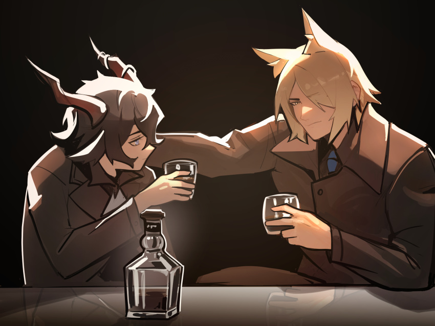 2boys alcohol animal_ear_fluff animal_ears arknights ascot black_coat black_hair black_jacket black_pants black_shirt blonde_hair blue_necktie coat collared_coat collared_shirt cup dark_background distr drinking_glass ebenholz_(arknights) glass_bottle goat_boy goat_ears goat_horns hair_over_one_eye hand_on_another's_shoulder highres holding holding_cup horns horse_boy horse_ears jacket long_sleeves looking_at_another male_focus mlynar_(arknights) multiple_boys necktie pants purple_eyes reflection shirt short_hair sitting smile suit suit_jacket trench_coat upper_body white_ascot yellow_eyes