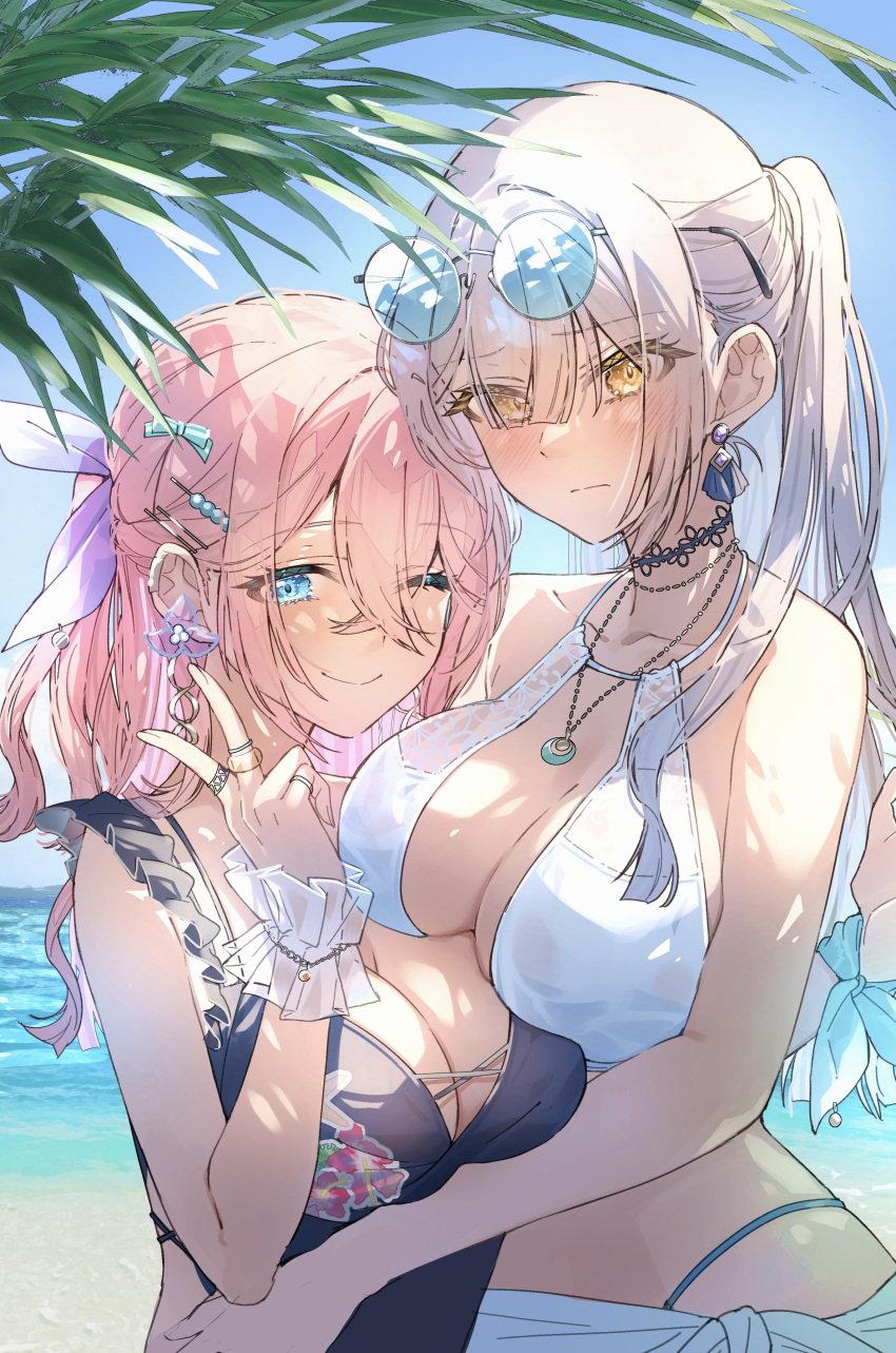 2girls absurdres bare_arms bare_shoulders bikini blue_eyes blush breasts choker cleavage closed_mouth collarbone commentary_request day earrings eyes_visible_through_hair eyewear_on_head hair_ornament hand_up highres jewelry large_breasts long_hair looking_at_viewer matsusatoru_kouji multiple_girls necklace one_eye_closed original outdoors pink_hair ponytail ring smile sunglasses swimsuit upper_body v white_bikini white_hair yellow_eyes