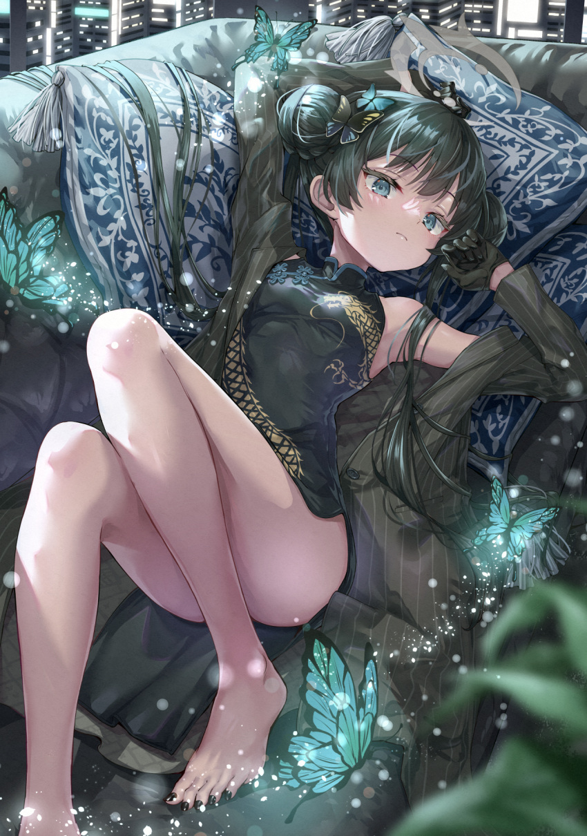 1girl animal barefoot black_dress black_gloves black_hair black_nails blue_archive blue_eyes breasts bug butterfly butterfly_hair_ornament china_dress chinese_clothes coat commentary double_bun dragon_print dress gloves grey_coat hair_bun hair_ornament highres hirokazu_(analysis-depth) kisaki_(blue_archive) long_hair long_sleeves nail_polish small_breasts solo striped striped_coat toenail_polish toenails twintails vertical-striped_coat vertical_stripes