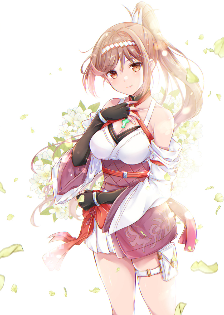 1girl bare_shoulders breasts chest_jewel cleavage core_crystal_(xenoblade) criss-cross_halter detached_sleeves fingerless_gloves glimmer_(xenoblade) gloves halterneck high_ponytail highres japanese_clothes kimono large_breasts long_hair looking_at_viewer obi ponytail red_hair sash solo swept_bangs thigh_strap ui_frara white_kimono wide_sleeves xenoblade_chronicles_(series) xenoblade_chronicles_3 xenoblade_chronicles_3:_future_redeemed
