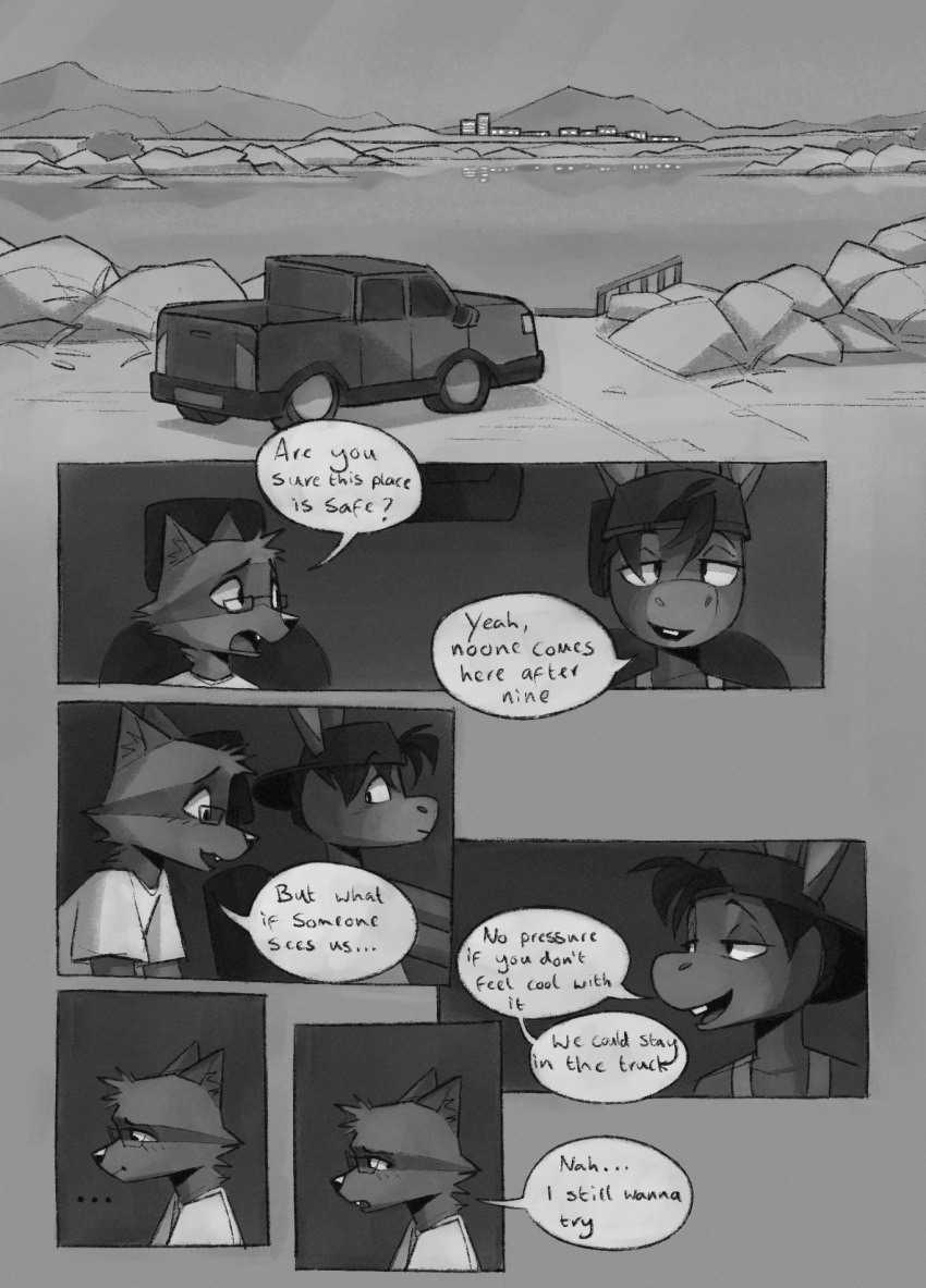 anthro arloatdusk asinus backwards_baseball_cap backwards_hat baseball_cap biped building caleb_(mangohyena) car_seat city clothed clothed_anthro clothed_male clothing comic detailed_background dialogue digital_media_(artwork) distant_city donkey driving duo dusk elliot_(mangohyena) ellipsis english_text equid equine eyewear facial_markings front_view fully_clothed fully_clothed_anthro fully_clothed_male fur fur_markings glasses greyscale hair half-closed_eyes hat head_markings headgear headwear hi_res inside_truck inside_vehicle lake landscape light_truck linked_speech_bubble male male_anthro mammal mangohyena markings monochrome narrowed_eyes nature nervous_expression pickup_truck pier plant procyonid raccoon rock shirt side_view sign sitting snout speech_bubble t-shirt tank_top text topwear truck_(vehicle) vehicle wheel