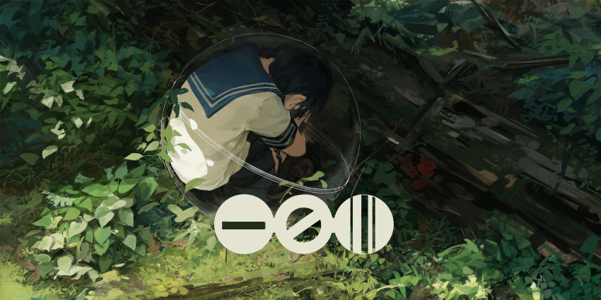 1girl absurdres black_hair black_skirt black_thighhighs blue_sailor_collar brown_footwear commentary day fetal_position foliage forest full_body gashapon grass highres hugging_own_legs in_container loafers log medium_hair nature original outdoors sailor_collar scenery school_uniform shirt shoes short_sleeves skirt solo symbol-only_commentary thighhighs white_shirt xilmo