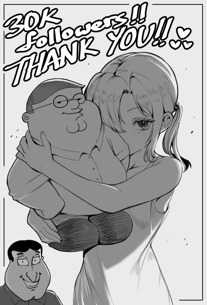 1boy 1girl character_doll dress family_guy glenn_quagmire greyscale highres hugging_doll hugging_object kowai_(iamkowai) medium_hair milestone_celebration monochrome original peter_griffin short_hair thank_you twintails very_short_hair