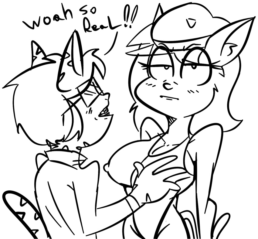 2023 4_fingers aeris_(vg_cats) annoyed anthro anthro_on_anthro bent_arm beret big_breasts big_eyes biped black_and_white black_text blush blush_lines breast_grab breasts cammy_white capcom closed_frown clothed clothed_anthro clothed_female clothed_male clothing cosplay crossover crossover_cosplay dialogue digital_drawing_(artwork) digital_media_(artwork) domestic_cat duo english_text eyebrow_through_hair eyebrows eyelashes eyelids eyewear felid feline felis female female_anthro fingers frown fur glasses gold-white-kott hair hand_on_another's_breast hand_on_breast hat headgear headwear hi_res huge_breasts inner_ear_fluff leotard looking_at_another looking_at_partner looking_at_viewer looking_up looking_up_at_partner male male/female male_anthro mammal markings monochrome mouth_closed nipple_outline open_mouth prick_ears short_hair standing street_fighter striped_body striped_ears striped_fur striped_markings striped_neck striped_tail stripes tail tail_markings talking_to_another talking_to_partner teeth text tight_clothing tight_leotard topwear translucent translucent_hair tuft vg_cats webcomic wide_hips