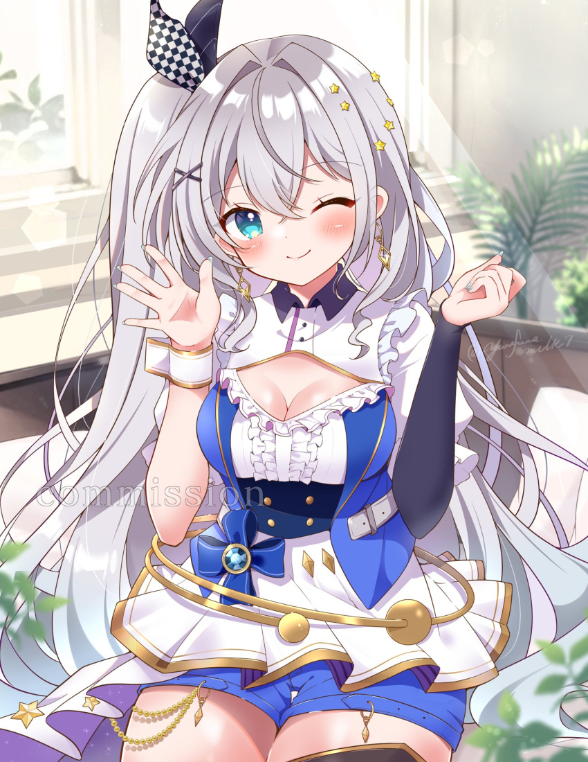 1girl ;) anon_stella blue_eyes blue_gemstone blue_shorts blush breasts cleavage cleavage_cutout clothing_cutout commentary commission earrings frills gem grey_hair hair_ornament highres indie_virtual_youtuber jewelry large_breasts long_hair one_eye_closed one_side_up shorts single_wrist_cuff skeb_commission smile solo virtual_youtuber wrist_cuffs x_hair_ornament yurufuwa_milk