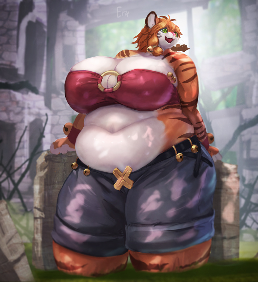 2023 2d_(artwork) accessory anthro arm_support bell belly_overhang belt big_breasts biped black_belt blue_bottomwear blue_clothing blue_shorts bottomwear breasts clothed clothing colored countershade_torso countershading day felid female forest front_view fur green_eyes hair hair_accessory hair_bell hi_res huge_breasts huge_thighs jingle_bell jungle light looking_aside low-angle_view mammal navel o-ring obese obese_anthro obese_female open_mouth open_smile orange_body orange_fur orange_hair osaki_eru outside overweight overweight_anthro overweight_female pantherine partially_submerged pigtails plant red_clothing red_topwear red_tube_top round_ears ruins sascha_(hypnofood) short_hair shorts sidelocks signature small_head smile solo standing standing_in_water striped_body striped_fur stripes sunlight swamp tall thick_thighs tiger topwear tree whiskers white_body white_fur wide_hips wraps wrist_wraps