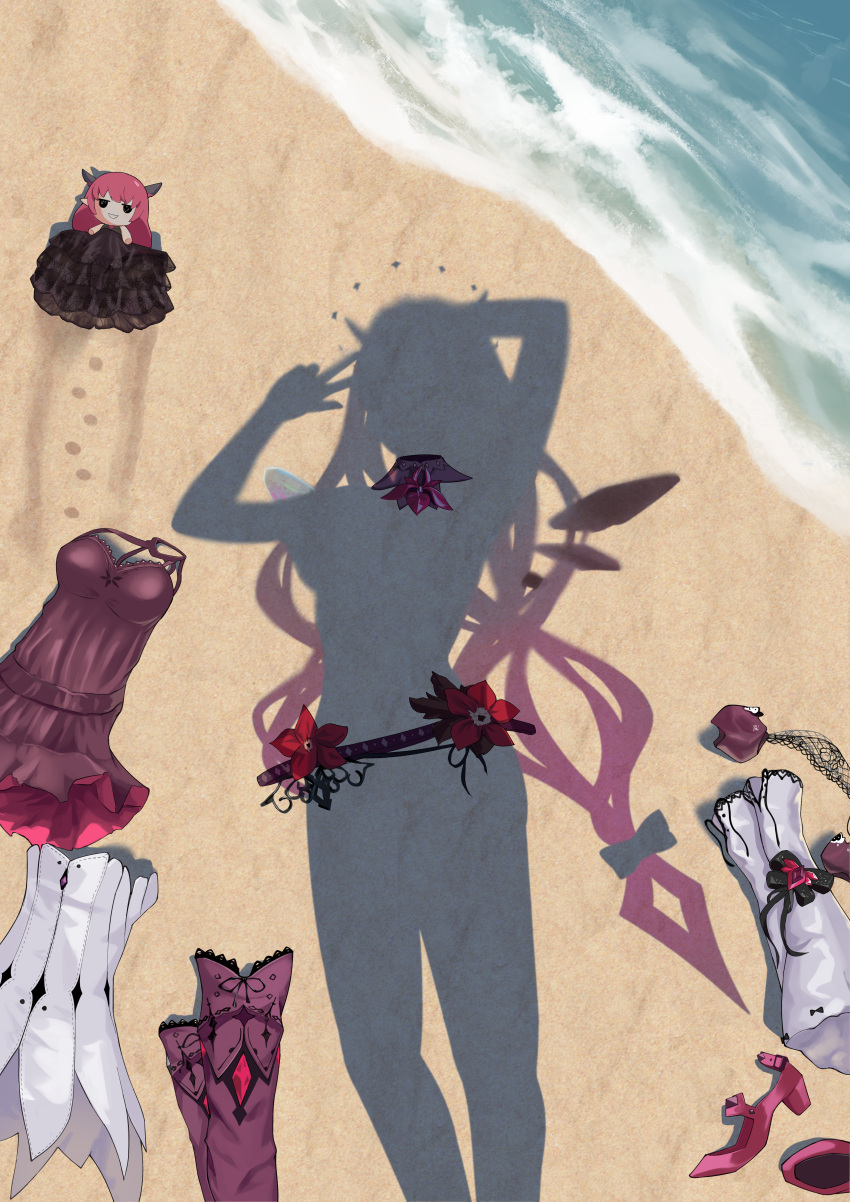 1girl absurdres arm_up beach belt chibi clothes_removed commission crystal_wings dress dress_removed dressed_shadow_(meme) halo highres hololive hololive_english horns irys_(1st_costume)_(hololive) irys_(hololive) long_hair meme negligee sand shadow shift_(shiftillust) shoes shoes_removed silhouette smile smol_irys solo v virtual_youtuber water