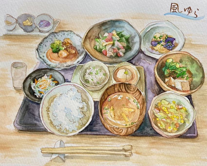 bowl chopsticks cup cutlery food highres miso_soup no_humans ooy33151086 original painting_(medium) realistic rice soup still_life traditional_media tray vegetable watercolor_(medium)