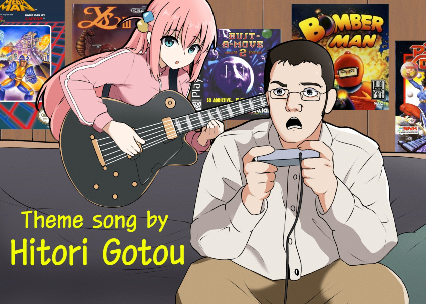 1boy 1girl amogan angry angry_video_game_nerd blue_eyes bocchi_the_rock! brown_hair collared_shirt couch crossover cube_hair_ornament electric_guitar english_commentary english_text frown glasses gotou_hitori guitar hair_ornament highres holding holding_instrument instrument jacket james_rolfe nes_gamepad on_couch open_mouth parody pink_hair pink_jacket pink_track_suit poster_(object) shirt teeth track_jacket