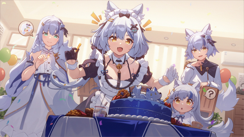 4girls :o ? air_conditioner animal_ear_fluff animal_ears apron armpit_crease asymmetrical_gloves bell birthday_cake black_dress black_gloves blue_flower blue_hair blush bracelet braid breasts cake center_frills chest_of_drawers collarbone cowboy_shot cup curtains dango_remi detached_collar dot_nose dress elbow_gloves flower food french_fries frilled_dress frills fruit gloves green_eyes hair_flower hair_ornament hairclip half_gloves happy_birthday highres holding_matchstick indie_virtual_youtuber indoors jewelry long_bangs looking_down low_twin_braids maid maid_headdress matches medium_breasts mole_on_chest multicolored_hair multiple_girls neck_bell notice_lines open_mouth orange_eyes puffy_short_sleeves puffy_sleeves saucer shirt short_sleeves sidelocks single_elbow_glove sleeveless sleeveless_dress spoken_question_mark strawberry streaked_hair table tablecloth tail teacup twin_braids virtual_youtuber waffle waist_apron white_apron white_dress white_gloves white_shirt white_wrist_cuffs wolf_ears wolf_girl wolf_tail wrist_cuffs x_hair_ornament