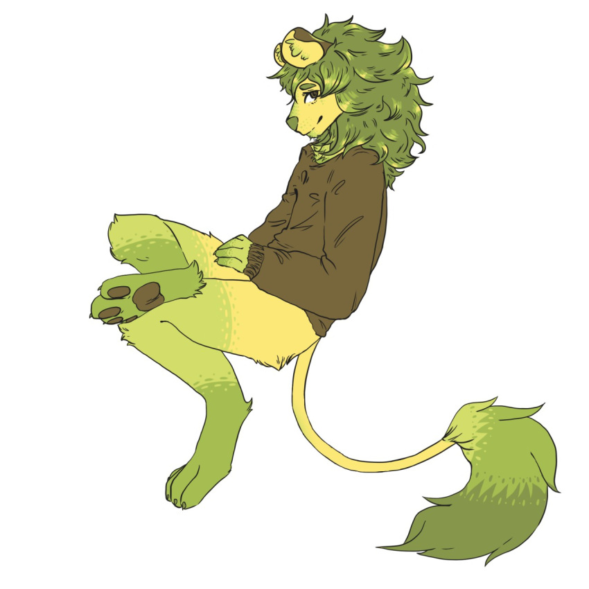 1:1 anthro bottomless brown_clothing brown_eyes brown_pawpads brown_topwear closed_smile clothed clothing dorian_(lionfloof) felid fur green_body green_fur green_mane green_markings green_nose hi_res leg_markings lion lionfloof looking_at_viewer male mammal mane markings mouth_closed pantherine pawpads side_view simple_background slight_smile socks_(marking) solo tail tail_tuft topwear tuft white_background yellow_body yellow_fur