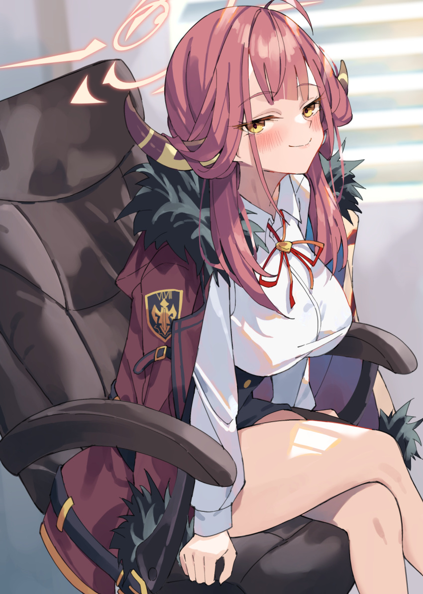 1girl ahoge aru_(blue_archive) bare_legs blinds blue_archive blush breasts coat coat_on_shoulders commentary_request crossed_legs demon_horns feet_out_of_frame fur-trimmed_coat fur_trim half-closed_eyes halo highres horns indoors large_breasts looking_at_viewer neck_ribbon on_chair pink_hair red_coat red_ribbon revision ribbon shirt sidelocks sitting smile smug solo unacchi_(nyusankin) white_shirt