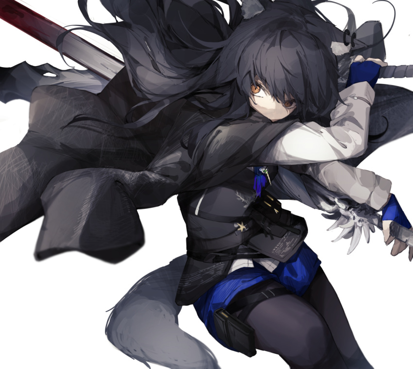 1girl animal_ears ankoro_mochi arknights black_hair black_pantyhose black_vest blue_shorts commentary_request holding holding_sword holding_weapon long_sleeves pantyhose shirt short_shorts shorts solo sword tail texas_(arknights) texas_the_omertosa_(arknights) vest weapon white_shirt wolf_ears wolf_tail