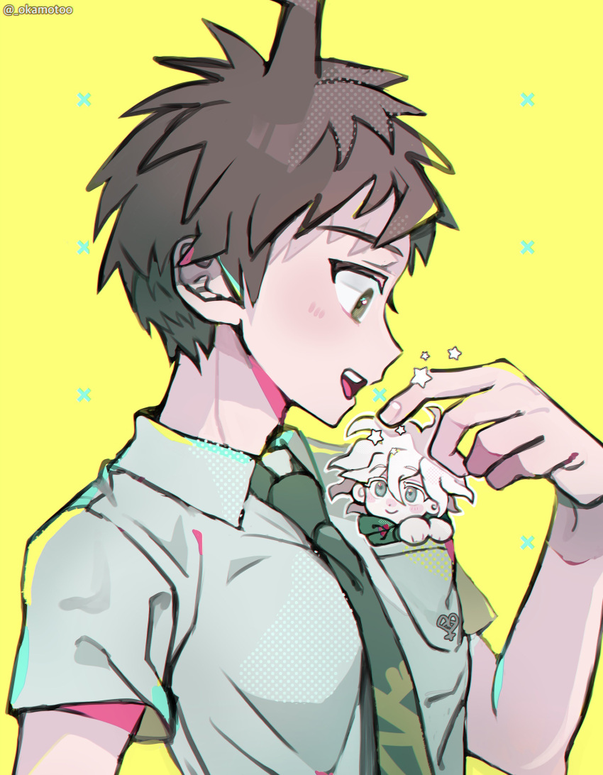 2boys :d absurdres ahoge badge bangs blush brown_hair chibi collared_shirt danganronpa_(series) danganronpa_2:_goodbye_despair from_side green_eyes green_necktie hand_up highres hinata_hajime in_pocket komaeda_nagito male_focus multiple_boys necktie okamotoo shirt short_hair short_sleeves simple_background smile spiked_hair teeth upper_body upper_teeth_only yellow_background