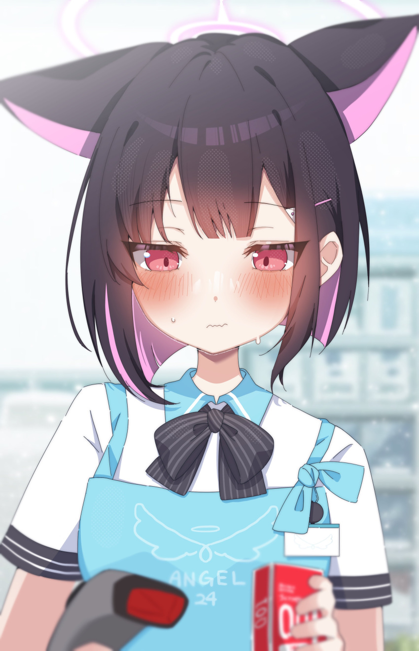 1girl absurdres angel's_24_uniform_(blue_archive) animal_ears apron barcode_scanner black_bow black_bowtie black_hair blue_apron blue_archive blush bow bowtie cat_ears closed_mouth collared_shirt halo highres holding kazama_gorou kazusa_(blue_archive) pink_hair pink_halo polo_shirt red_eyes shirt short_hair solo upper_body white_shirt