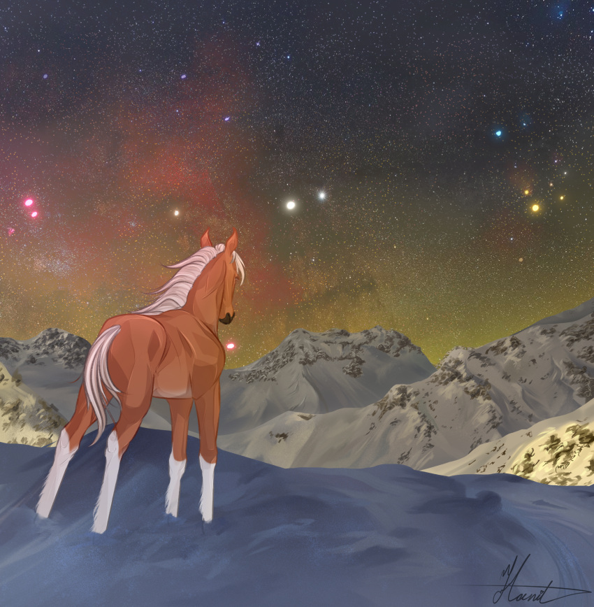 absurd_res cosmic_background dolehest equid equine feral hanilimnida hi_res horse male mammal maxym_(bloopertrooper) mountain mountain_range night sky snow solo star starry_background starry_sky