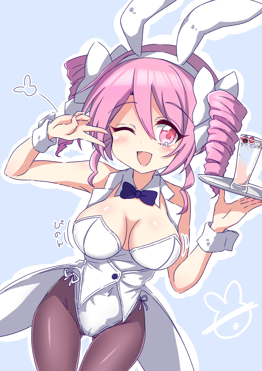 1girl absurdres animal_ears blue_background blue_bow blue_bowtie blush bouncing_breasts bow bowtie breasts brown_pantyhose cameltoe cleavage drill_hair fake_animal_ears highres jashin-chan_dropkick large_breasts leotard looking_at_viewer one_eye_closed open_mouth pantyhose pink_eyes pink_hair pino_(jashin-chan_dropkick) playboy_bunny rabbit_ears simple_background smile solo twin_drills twintails v waitress white_leotard ydayluca