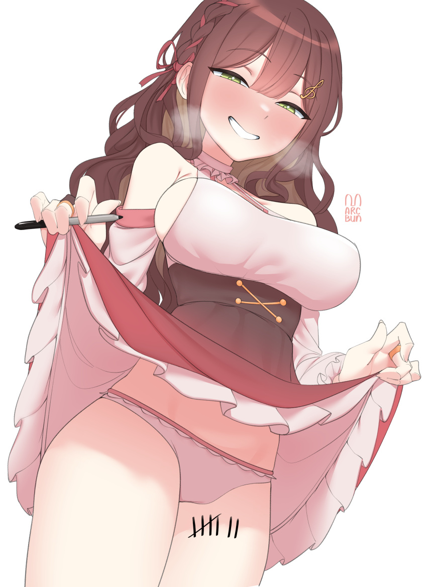 1girl absurdres arcbun bare_shoulders blush braid breasts brown_hair clothes_lift dress dress_lift english_commentary green_eyes grin highres holding holding_marker jewelry large_breasts long_hair looking_at_viewer marker miori_celesta naughty_face panties ring sideboob smile solo steam tally tsunderia underwear virtual_youtuber wavy_hair