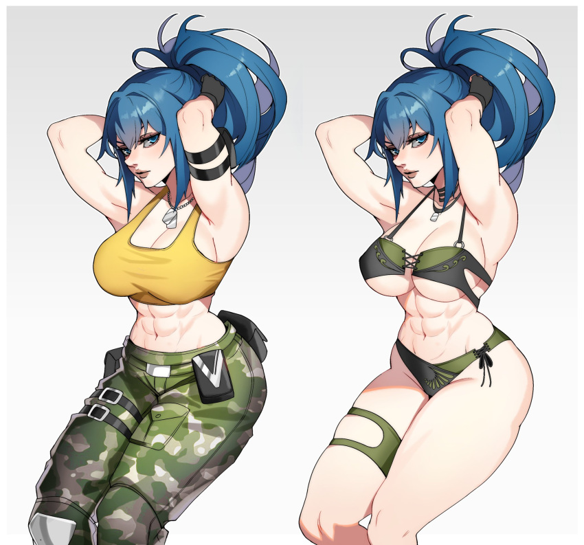 abs armband arms_up bikini blue_eyes blue_hair camouflage camouflage_pants dog_tags gloves green_bikini hands_in_hair highres leona_heidern muscular muscular_female pants ponytail skindentation swimsuit the_king_of_fighters toned whysoblau