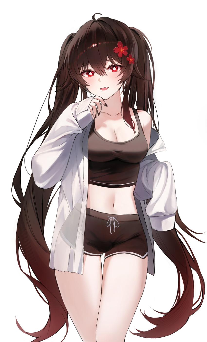 1girl absurdres bare_shoulders black_nails black_tank_top breasts brown_hair casual chaerom cleavage collared_shirt fang flower-shaped_pupils genshin_impact highres hu_tao_(genshin_impact) long_sleeves medium_breasts nail_polish off_shoulder open_clothes open_mouth red_hair shirt sleeveless sleeveless_shirt smile solo star_(symbol) symbol-shaped_pupils tank_top thigh_gap thighs white_shirt