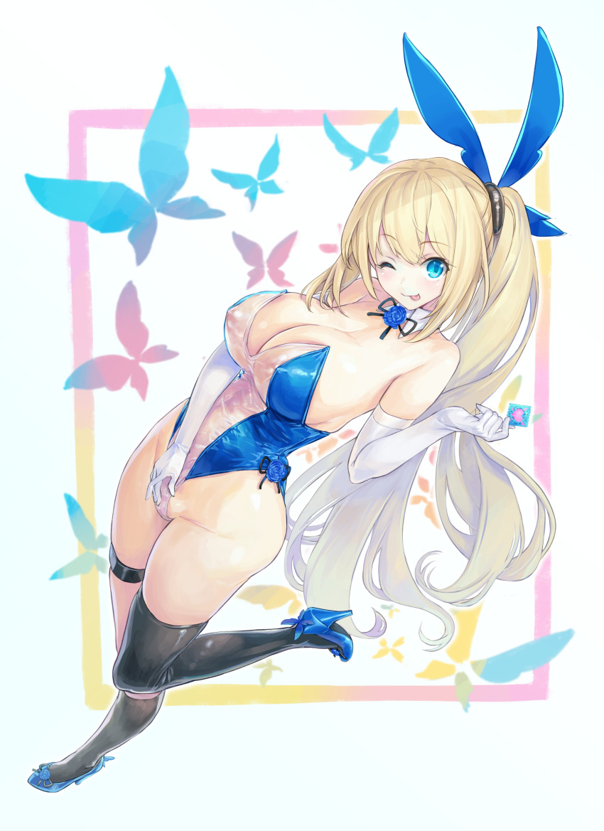 1girl absurdres animal_ears black_socks blonde_hair blue_eyes blue_footwear breasts cleavage elbow_gloves full_body gloves high_heels highres huge_breasts kiyama_satoshi kneehighs mirai_akari one_eye_closed open_mouth playboy_bunny rabbit_ears smile socks tongue tongue_out white_gloves