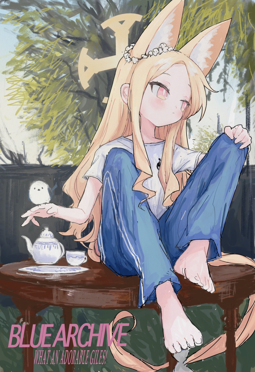 1girl alternate_costume animal_ears barefoot bird bird_on_hand blonde_hair blue_archive blue_pants blush closed_mouth copyright_name cup feet halo hand_on_own_knee highres long_hair pants pink_eyes plate reitoubeef seia_(blue_archive) shirt sitting sitting_on_table solo table tail teapot toenails toes tree very_long_hair white_shirt