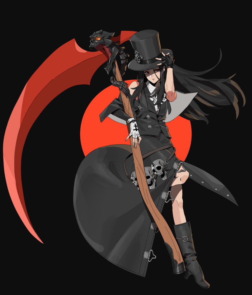 1other absurdres adjusting_clothes adjusting_headwear androgynous ascot asymmetrical_gloves asymmetrical_sleeves bare_shoulders black_background black_footwear black_gloves black_hair black_headwear collar fingerless_gloves full_body gloves guilty_gear guilty_gear_strive hat hat_ornament highres holding holding_scythe long_hair looking_at_viewer makai other_focus parted_lips red_eyes scythe skull skull_hat_ornament standing standing_on_one_leg studded_collar testament_(guilty_gear) top_hat white_ascot white_gloves