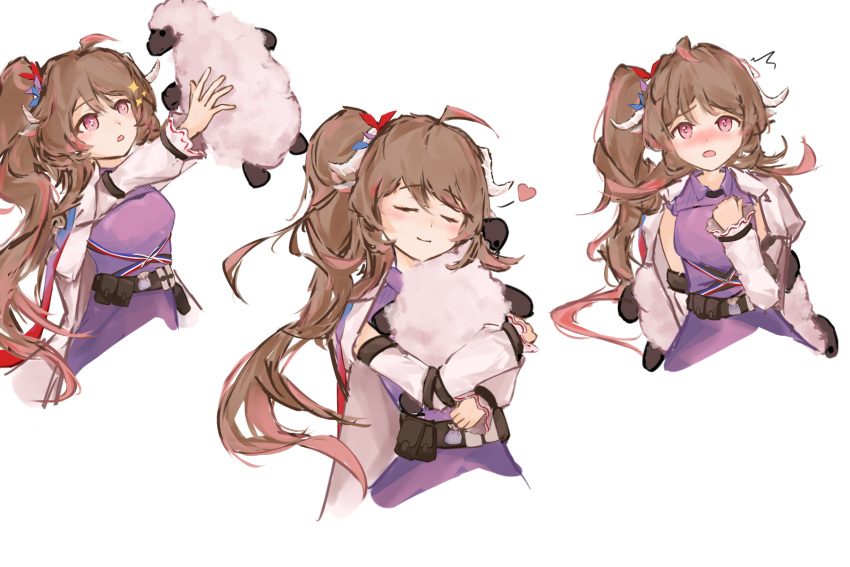 1girl ahoge animal animal_ears animal_hug arknights brown_hair cape clenched_hand closed_eyes dress eyjafjalla_(arknights) eyjafjalla_the_hvit_aska_(arknights) hand_up heart highres holding holding_animal horns jonnodraws long_sleeves multiple_views official_alternate_costume pink_eyes purple_dress sheep sheep_ears sheep_girl sheep_horns side_ponytail smile