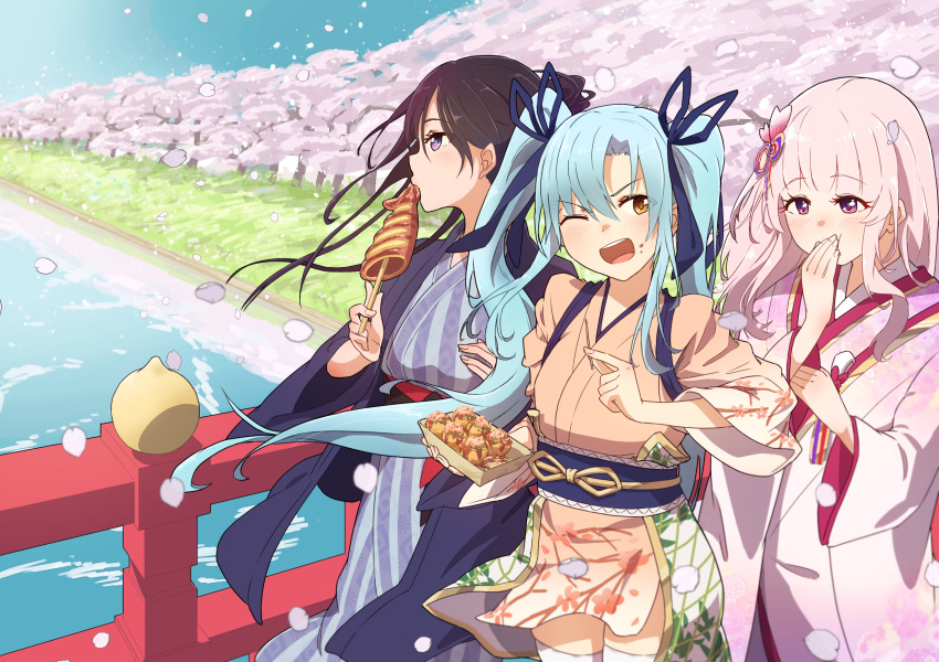 3girls biting blue_hair blue_ribbon blush bridge brown_hair covering_mouth eating eyelashes falling_petals fingernails food food_on_face hair_between_eyes hand_over_own_mouth hayashi_ekyuu highres himeji_(oshiro_project) holding holding_skewer iyo_matsuyama_(oshiro_project) japanese_clothes kimono laughing long_hair multiple_girls open_mouth oshiro_project oshiro_project_re outdoors petals pink_eyes pink_hair pink_kimono purple_eyes ribbon river skewer spring_(season) takoyaki teeth thighhighs tsuyama_(oshiro_project) twintails upper_teeth_only very_long_hair white_thighhighs wide_sleeves yellow_eyes