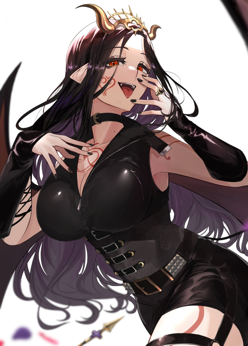 1girl belt black_corset black_hair breasts corset demon_horns demon_tail demon_wings grin hairband heart heart_tattoo highres horns huge_breasts lace-trimmed_legwear lace_trim long_hair looking_at_viewer nekotokage nijisanji orange_eyes pointy_ears shirayuki_tomoe shirayuki_tomoe_(9th_costume) shorts smile smug solo spiked_hairband spikes tail tattoo thighhighs virtual_youtuber wings