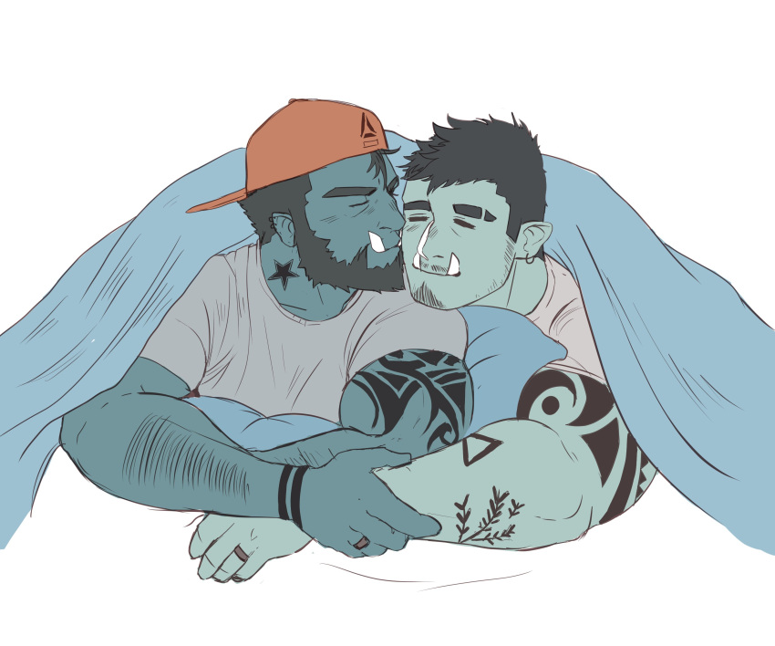 2boys =_= absurdres arm_hair arm_tattoo backwards_hat bara baseball_cap beard blue_skin blush clay_(lancelotsteele) colored_skin couple cuddling eyebrow_cut facial_hair flat_color goatee_stubble green_skin hand_on_another's_arm happy hat highres kiss kissing_cheek large_pectorals loving_aura lying male_focus mature_male monster_boy multiple_boys muscular muscular_male mustache_stubble on_stomach orc original pectorals rusl_(ruslorc) ruslorc shirt short_hair sideburns sideburns_stubble sparse_stubble t-shirt tattoo thick_eyebrows tusks under_covers upper_body yaoi