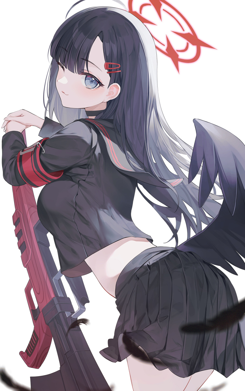 1girl black_eyes black_gloves black_hair black_serafuku black_skirt black_wings blue_archive blush breasts closed_mouth feathered_wings gloves gun hair_ornament hairclip halo highres ichika_(blue_archive) long_hair low_wings medium_breasts nakashima_(pluscolor) one_eye_closed pleated_skirt red_halo school_uniform serafuku simple_background skirt solo weapon white_background wings