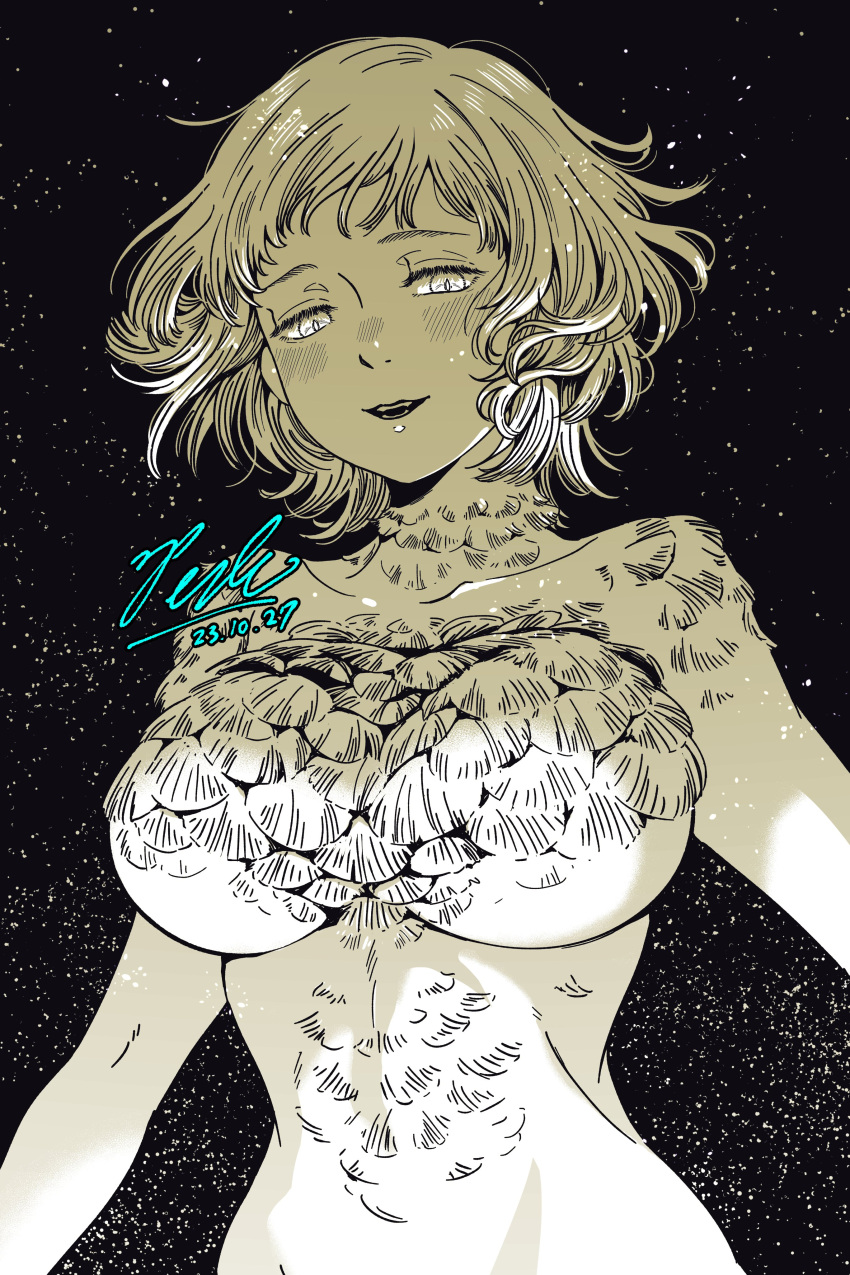 1girl absurdres body_fur breasts collarbone commentary_request dated dungeon_meshi eyelashes falin_thorden floating_hair half-closed_eyes highres large_breasts light_particles looking_at_viewer monochrome monster_girl nude perle_arte short_hair signature smile solo spoilers spot_color upper_body