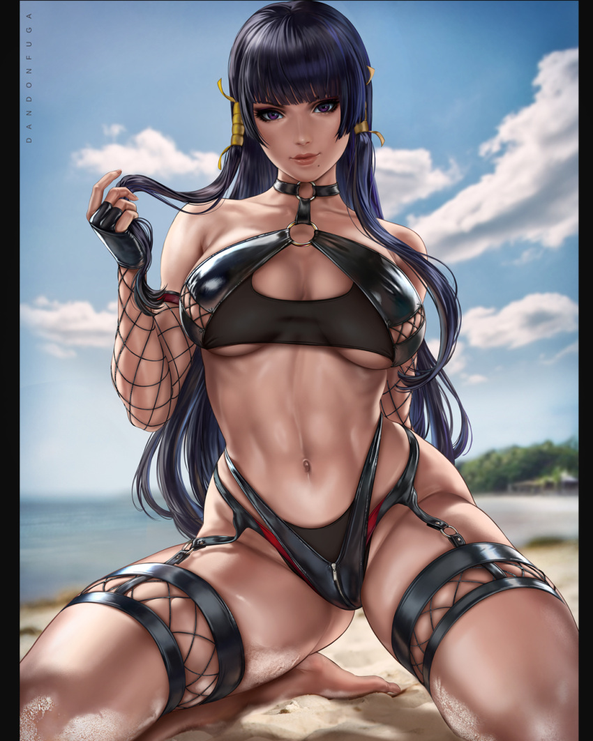 1girl abs arm_behind_back artist_name azur_lane barefoot beach bikini black_bikini black_garter_straps black_gloves black_hair blunt_bangs blurry blurry_background breasts bridal_garter choker covered_nipples crotch_zipper dandon_fuga day dead_or_alive dead_or_alive_5 dead_or_alive_xtreme depth_of_field detached_sleeves english_commentary fingerless_gloves fishnet_sleeves fishnets full_body garter_straps gloves hair_tubes hair_twirling highres hime_cut large_breasts layered_bikini leather_bikini lips long_hair looking_at_viewer makeup mascara mole mole_under_mouth multi-strapped_bikini navel nyotengu nyotengu_(scarlet-tinged_hot_spring_vacation)_(doa) o-ring o-ring_bikini o-ring_choker ocean outdoors paid_reward_available purple_eyes ribbon sand skindentation solo swimsuit tan thighs underboob zipper zipper_bikini