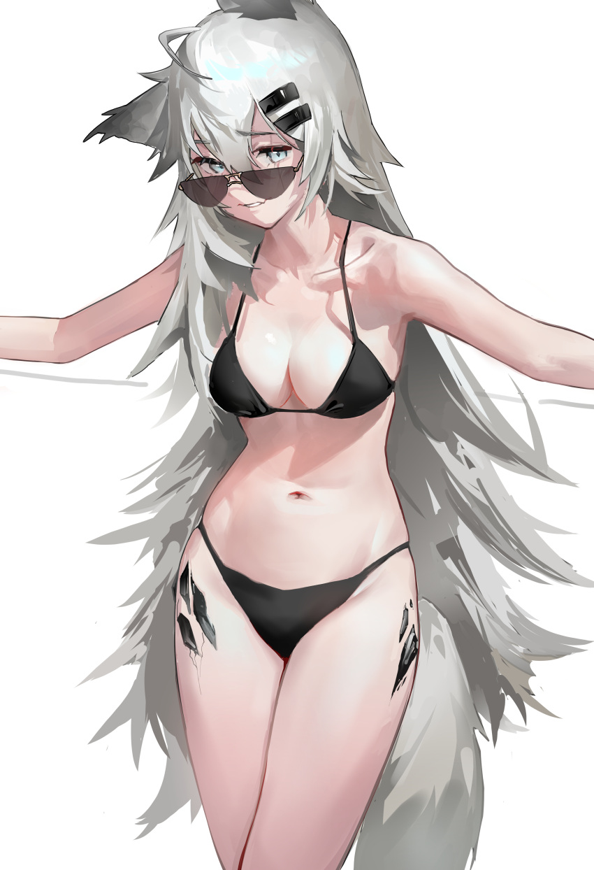 1girl absurdres ahoge animal_ear_fluff animal_ears arknights bikini black_bikini breasts cleavage collarbone grey_eyes grey_hair hair_between_eyes hair_ornament hairclip highres lappland_(arknights) long_hair looking_at_viewer looking_over_eyewear medium_breasts oripathy_lesion_(arknights) outstretched_arms rui_(woyoudabing_rui) scar scar_across_eye scar_on_face simple_background smile solo spaghetti_strap spread_arms sunglasses swimsuit tail very_long_hair white_background wolf_ears wolf_girl wolf_tail