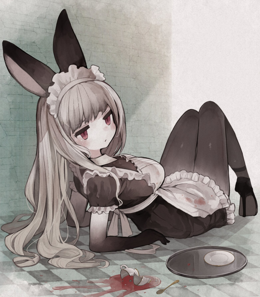 1girl apron black_footwear breasts broken_cup checkered_floor commentary_request cup dress frilled_dress frills grey_hair half-closed_eyes high_heels highres long_hair maid maid_apron maid_headdress on_floor original pantyhose plate rabbit_girl reclining red_eyes sakutake_(ue3sayu) solo spill spoon stained_clothes stone_wall teacup teaspoon wall