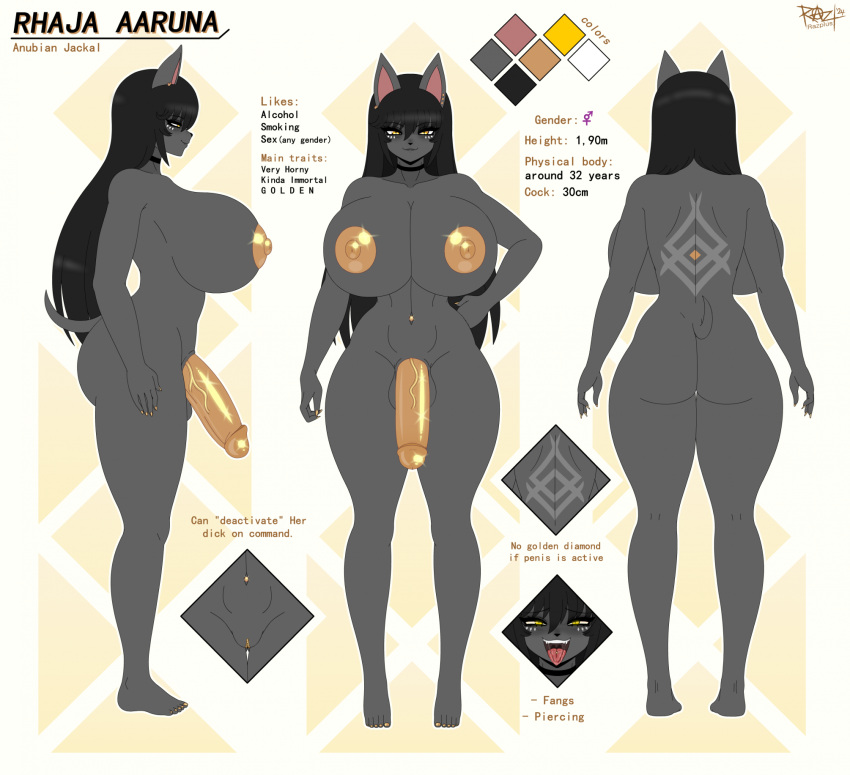 anubian_jackal black_hair breasts butt canid canine canis english_text feet genitals gynomorph hair hi_res intersex jackal mammal model_sheet nipples penis piercing pussy razplus rhaja_aaruna tail tattoo text tongue yellow_eyes