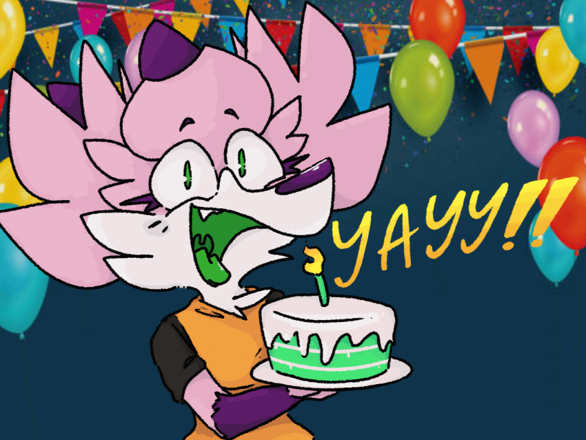 anthro balloon birthday birthday_cake blush cake candle canid canine clothed clothing confetti dessert digital_media_(artwork) fangs female female/female fennec fire food fox fur green_eyes green_mouth green_tongue hair horn ichigo_mackerel_(mdctoby12) inflatable looking_at_viewer makeup mammal markings mdctoby12 party pink_body pink_fur purple_body purple_fur smile solo teeth text tongue white_body white_fur